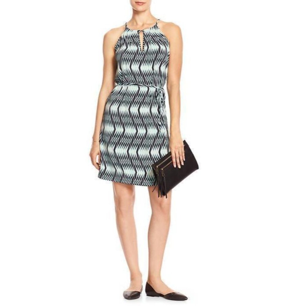 BANANA REPUBLIC  BLUE HERRINGBONE FRONT KEYHOLE CAREER CASUAL DRESS SIZE: S